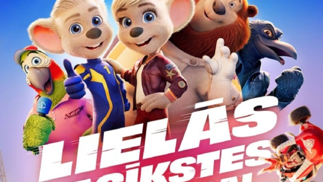 Miltfilma Lielās sacīkstes cauri Eiropai 14. septembrī plkst. 11.00 Ogres novada kultūras centrā. Afiša ar multfilmas varoņiem - pelēm, lāci, dažādiem putniem un sacīkšu auto