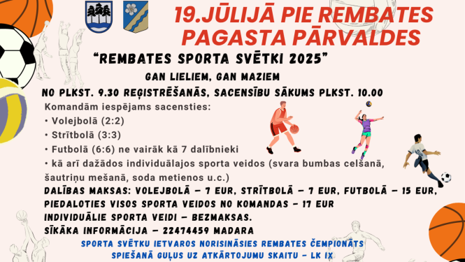 Rembates sporta svētki 2025 19.jūlijā plkst. 10.00