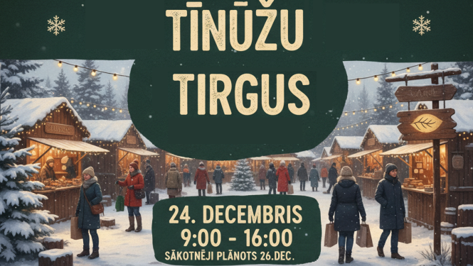 Afiša Ziemassvētku noskaņās - tirdziņš, sniegs un lampiņas