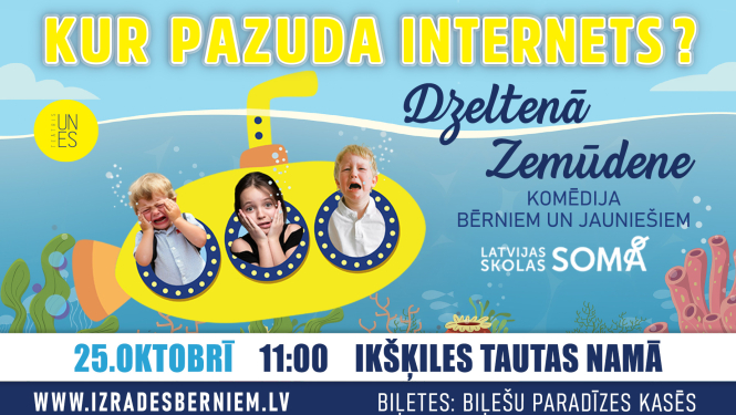 Afiša izrādei ar zīmētu dzeltenu zemūdeni un bērniem tās iluminatoros