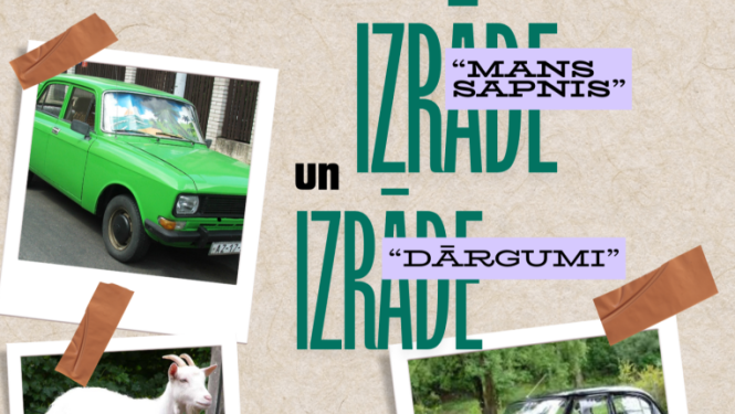 Afiša divām izrādēm Tomes tautas namā 26. oktobrī. Afišā zaļa n melna retro automašīna un balta kaza