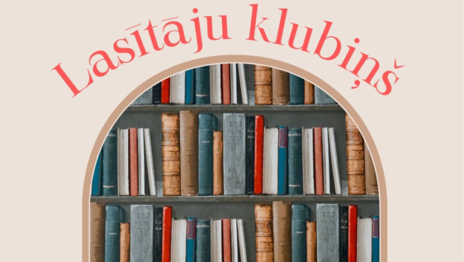 Afišā - grāmatu plaukts ar grāmatām