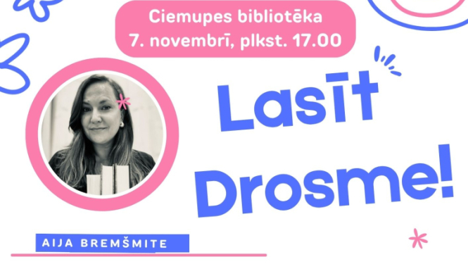 Krāsaina un raiba afiša ar Aijas Bremšmites attēlu