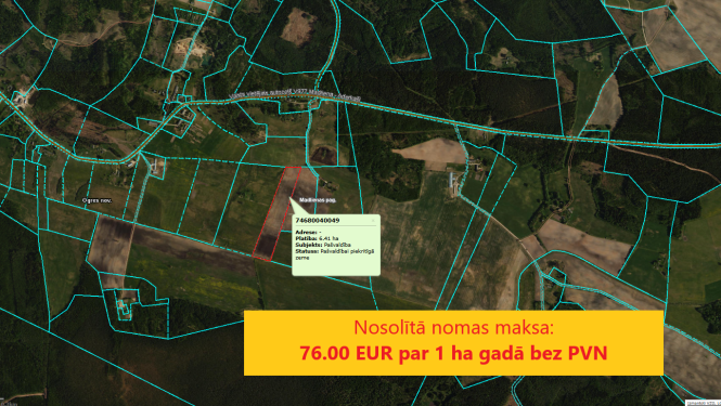 Nomas tiesību izsoles rezultāts īpašumam - zemes vienībai ar kadastra apzīmējumu 7468 004 0049, Madlienas pagastā ir 76 eiro par hektāru gadā bez PVN