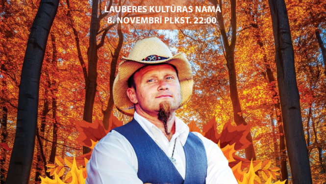 Afišā grupas Lustīgais Blūmīzers solists rudens lapu fonā