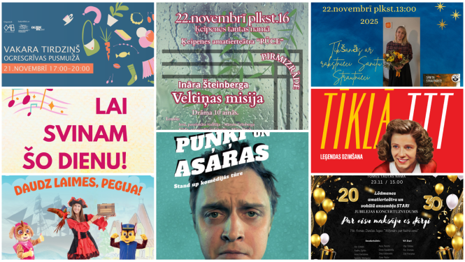 Nedēļas nogales pasākumu afišu kolāža