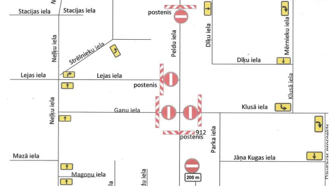Apbraukšanas shēma Peldu ielas posmam Ikšķilē laikā, kad 13. septembrī tur norisināsies Latvijas čempionāts skrituļsslalomā