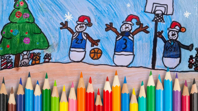 Afiša zīmēšanas konkursam. Pamatā bērna zīmējums ar sniegavīriem basketbola komandas "Ogre" tērpos, izgreznota eglīte un zīmuļi