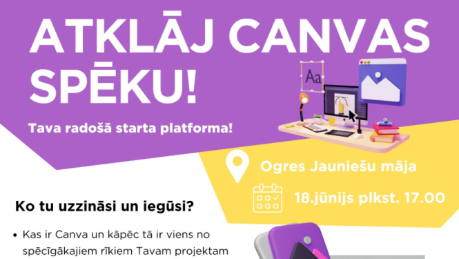 Apmācības jauniešiem veidot vizuāli stilīgus plakātus, TikTok video, Insta storijus, T-kreklu dizainus un pat savu mājaslapu. Attēlā pasniedzēja Evita Astiča 