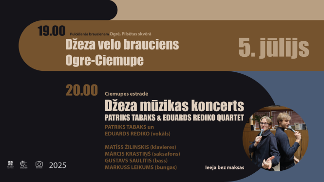 Džeza velo brauciens Ogre-Ciemupe un DŽEZA MŪZIKAS KONCERTS: PATRIKS TABAKS & EDUARDS REDIKO QUARTET Ciemupē