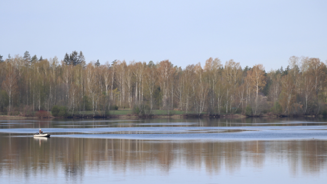 Pavasara skats pāri Daugavai ar bērziem otrā krastā un laivu uz upes