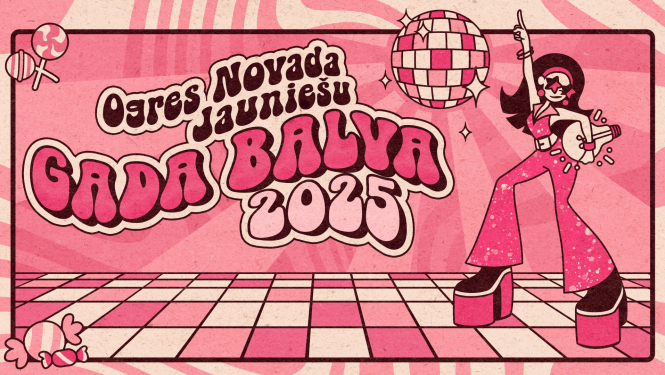 Ogres novada Jauniešu Gada balva 2025 - izvirzi savu varoni. Afiša rozā un disko stilā