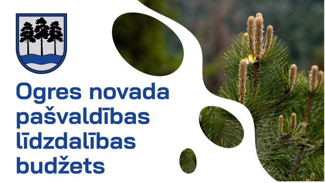 Ogres novada pašvaldības līdzdalības budžets. Attēlā novada ģerbonis ar trīs priedēm un priedes stādiņš