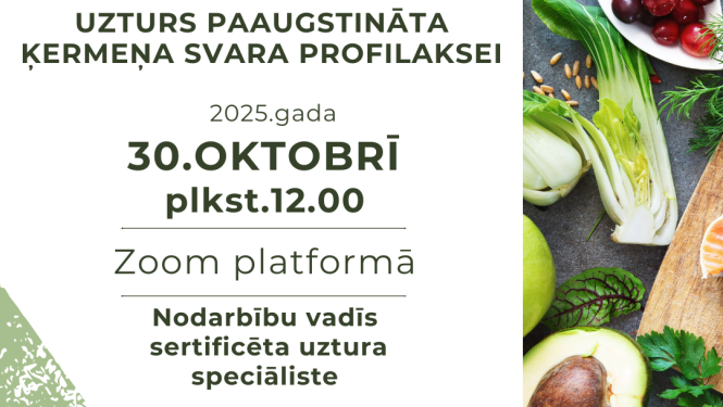 Afiša par uztura nodarbību. Fonā dārzeņi