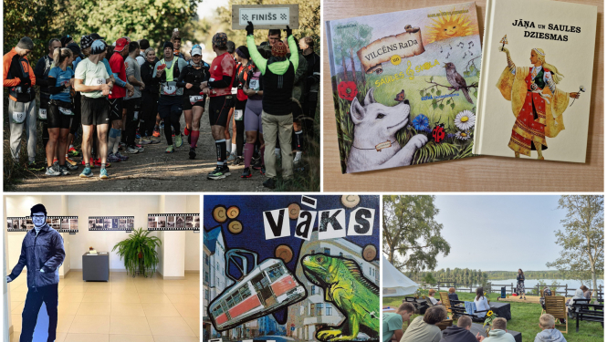 Kolāža ar piecu īstenoto projektu attēliem - dubultmaratona "Taisnais" dalībnieki uz finiša līnijas, kopas "Silavoti" izdotās grāmatas, Robertam Jansonam veltīta izstāde Ikšķiles Tautas namā, mūzikas albums “Vāks” un Jumpravas jaunieši, kas klausās izglītojošu lekciju brīvā dabā 