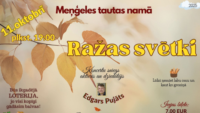 Ražas svētki Meņģeles tautas namā 11. oktobrī plkst. 19.00. Afiša ar dzeltenām rudens lapām