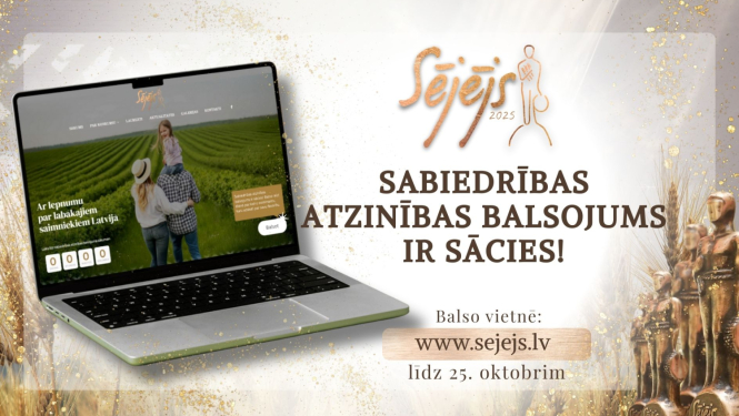 Konkursa "Sējējs 2025" sabiedrības atzinības balsojums. Attēlā atvērts portatīvais dators ar attēlā redzamu ģimeni uz lauka fona
