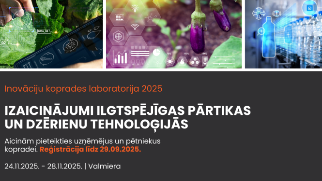 Afiša Vidzemes plānošanas reģiona uzņēmējiem aicinājumam uz starptautisku kopradi – novembrī notiks Inovāciju koprades laboratorija par ilgtspējīgu pārtiku un dzērieniem. Attēlā plastmasas pudeles, baklažānu un zaļu augu stādi