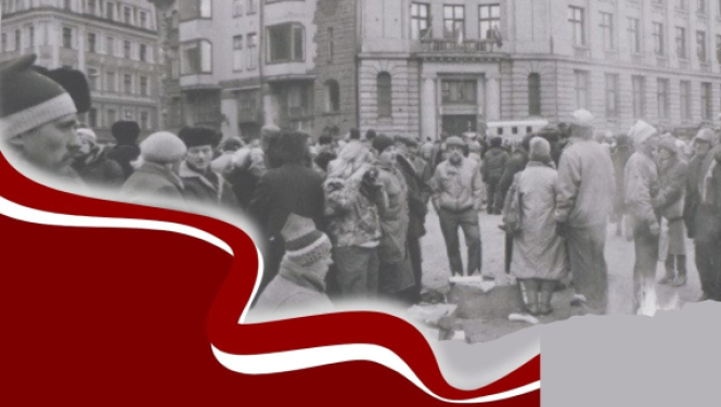 Afiša ar valsts karogu noformējumu, kā arī fotoattēlu no barikāžu laika 