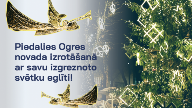 Afiša Ziemassvētku egļu stāstu akcijai. Labajā pusē izrotāta un mirdzoša Ziemassvētku egle, kreisajā pusē starp tekstu eņģeļi, kas pūš taures
