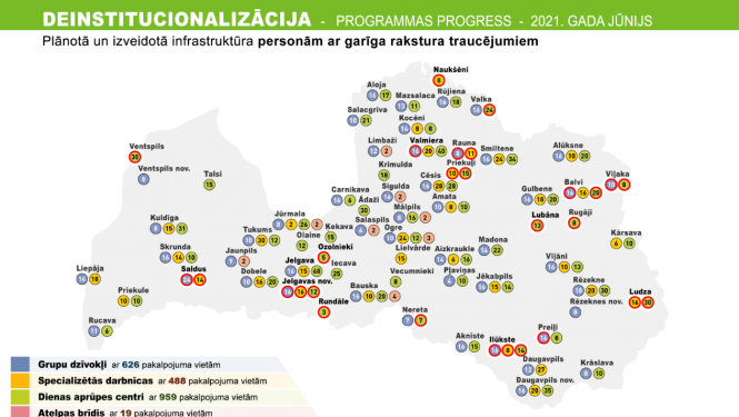 Latvijas karte ar iezīmētu plānoto un izveidoto infrastruktūru personām ar garīga rakstura traucējumiem