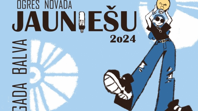 Baneris Ogres novada Jauniešu gada balvai 2024. Zīmēta meitene biksēs un saulesbrillēs, kas virs galvas tur dzeltenu spuldzīti 