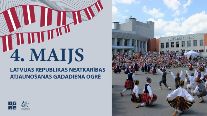Plakāts svētku koncertam SVĒTKI DEJO, SVĒTKI SKAN. Dejotāji tautasteŗpos dejo, fonā Ogres Kultūras centrs.