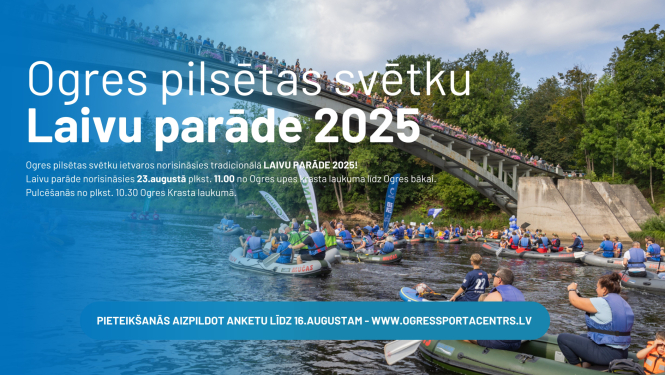 Ogres pilsētas svētku Laivu parāde 2025. Afišā redzams gājēju tilts pār Ogres upi un laivotāji
