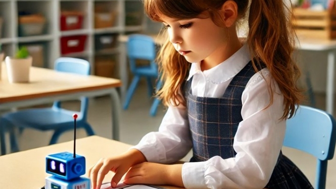 Meitene sēž pie galda ar lego robotu
