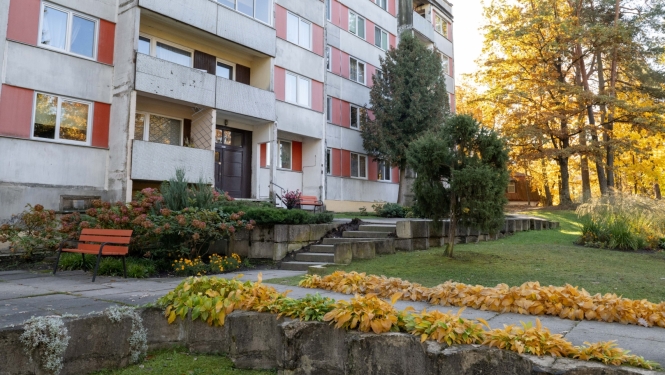 Nams Ogrē, Meža prospektā 6, kurš piedalījās konkursā par sakoptāko pagalmu, fonā rudens un saules iekrāsoti dzelteni koki
