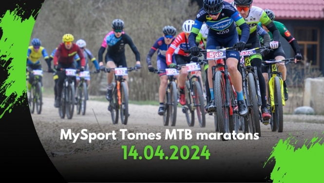 Afiša ar velobraucējiem Tomes MTB maratonā