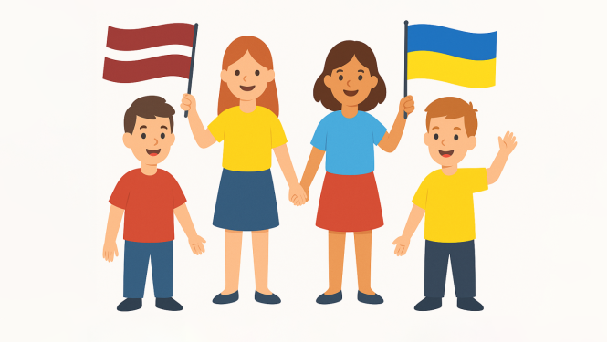 Ogres novada Izglītības pārvalde izsludina pieteikšanos uz Ukrainas un Latvijas bērnu un jauniešu nometņu organizēšanu. Attēlā bērni un pieaugušie ar Latvijas un Ukrainas karodziņiem
