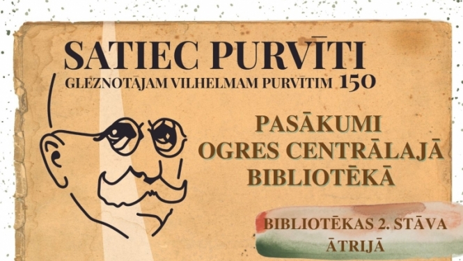 Afiša "Satiec Purvīti" Ogres Centrālajā bibliotēkā