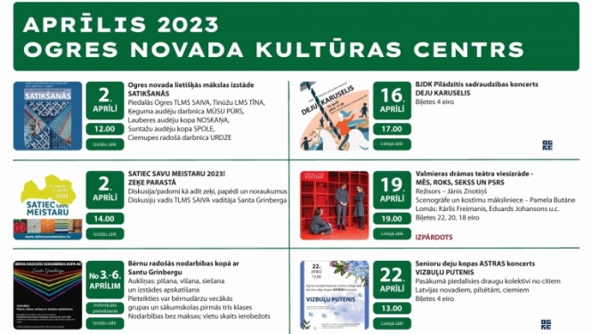 Ogres novada Kultūras centra pasākumu saraksts 2023. gada aprīlī