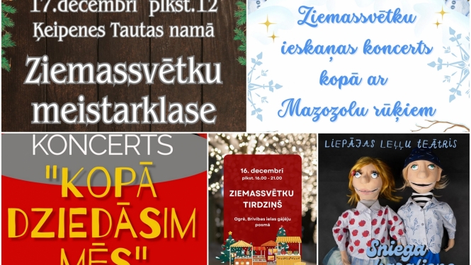 Ogres novada pasākumu decembrī plakātu kolāža 12.2023.