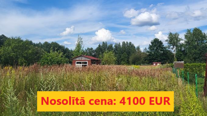 Izsoles rezultāts - nosolītā cena 4100 eur uz zemes gabala fona - pļava, debesis ar gubu mākoņiem