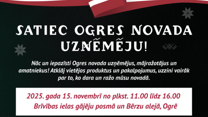 Afiša ar Latvijas Valsts karogu un vietējiem ražojumiem (maizi, piens, olas u.c) pasākumam - Satiec Ogres novada uzņēmēju
