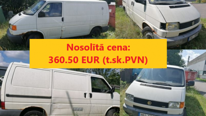 Automašīnas VolksWagen Transporter izsoles rezultāts. Nosolītā cena 360,50 eur. Fonā kolāža no automašīnas fotoattēliem