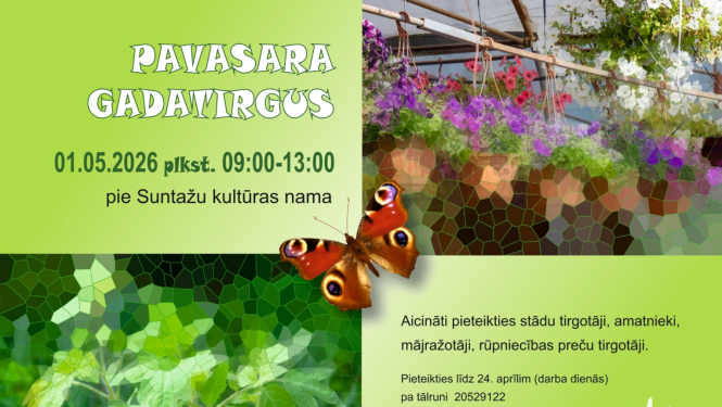 maijā plkst. 09.00-13.00 Suntažu kultūras nama Pavasara gadatirgus Aicināti pieteikties stādu tirgotāji, amatnieki, mājražotāji, rūpniecības preču tirgotāji. Pieteikties līdz 24. aprīlim (darba dienās) pa T. 20529122 vai kristine.norkusa@ogresnovads.lv