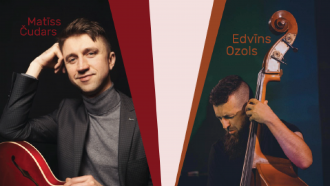 Afiša ar informāciju par pasākumu un mākslinieku fotoattēliem