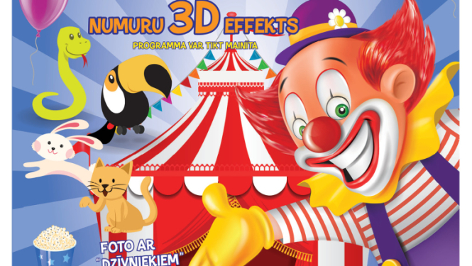 Cirka izrādes afiša ar svītrainu cirka telti, klaunu un zvēriņiem