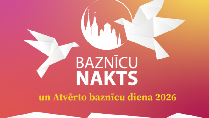 Afiša ar informāciju par pasākumu un tā programmu, fona attēlā Baznīcu nakts logo - baznīcu torņi un divas baltas, no papīra locītas dūjas 