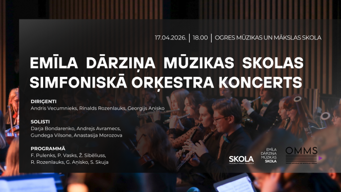 Ogres Mūzikas un mākslas skolā viesosies Emīla Dārziņa mūzikas skolas simfoniskais orķestris.  Programmā ietilps simfoniskā orķestra mūzika, kā arī skaņdarbi solo instrumentiem ar orķestri.  Diriģenti: Andris Vecumnieks, Rinalds Rozenlauks, Georgijs Aņisko.  Koncerta norise: 17. aprīlis plkst. 18.00 Ogres Mūzikas un mākslas skolas Koncertzālē, Brīvības ielā 50, Ogrē.