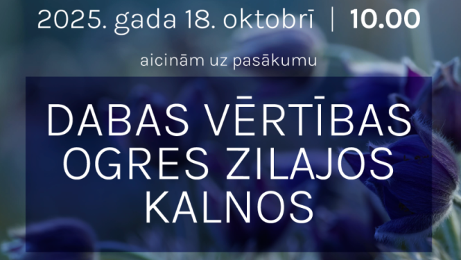 Afiša ekskursijai "Dabas vērtības Ogres Zilajos kalnos". Afišā fonā violeti ziedi