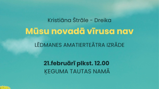 Afiša ar informāciju par izrādi uz dzeltenu ziedu fona