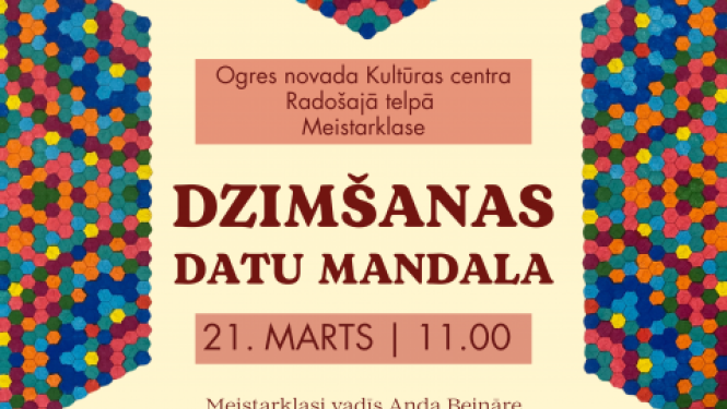 Afiša ar informāciju par pasākumu un daudzkrāsainu Gaismas mandalas attēlu