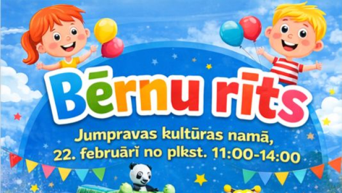 Afiša ar informāciju paar pasākumu uz piepūšamo atrakciju un citu daudzkrāsainu, dzīvespriecīgu zīmētu attēlu fona