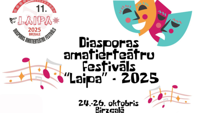 Afiša diasporas amatierteātru festivālam Birzgalē. Attēlā dažādu izrāžu afišu kolāža aiz imitētām kulisēm uz skatuves