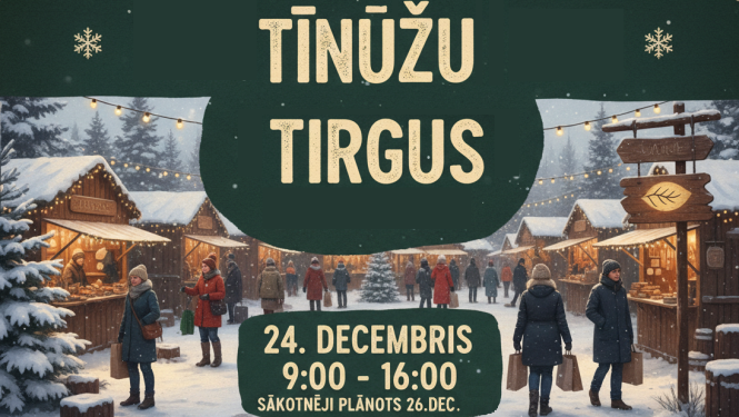 Afiša Ziemassvētku noskaņās - tirdziņš, sniegs un lampiņas