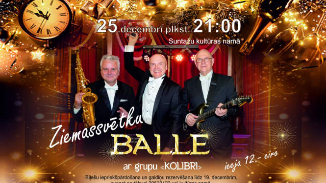 Afiša svētku noformējumā, attēlā grupa Kolibri